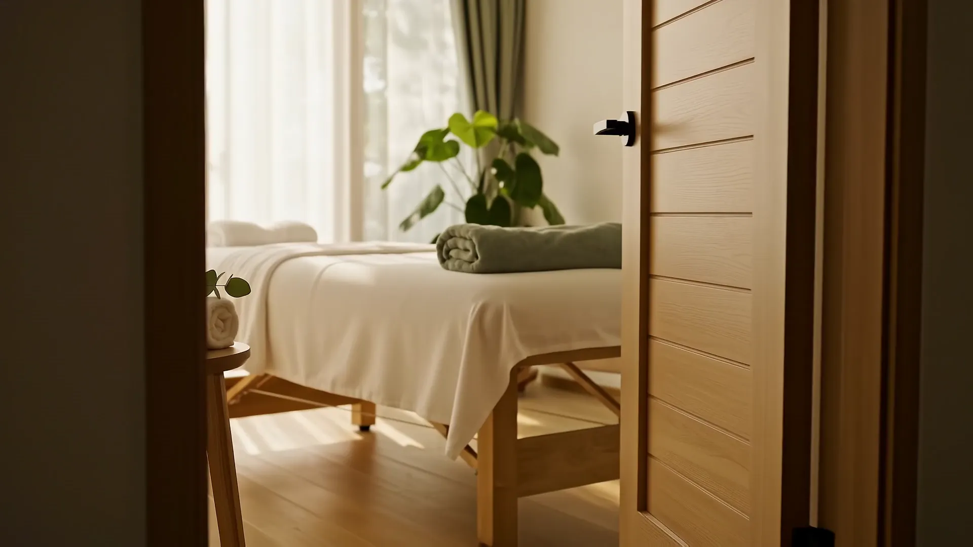 Entrada al box de fisioterapia y osteopatía Kinesia Madrid con luz natural